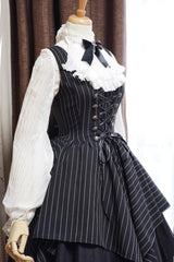 Black Sleeveless Striped Print Lace-Up Irregular Hem Gothic Lolita Dress - Product - 6