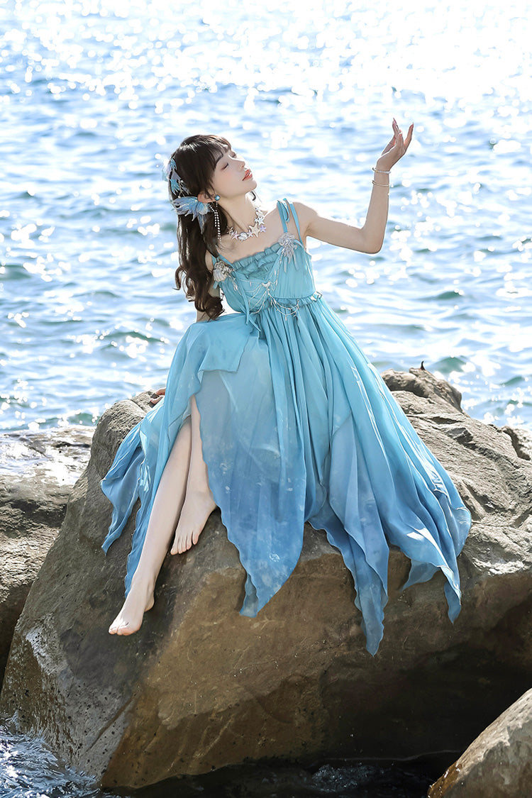 Blue [Ocean Sprite] Gradient Print Irregular Hooded Sweet Lolita Jsk Dress Cloak Set - Product - 13