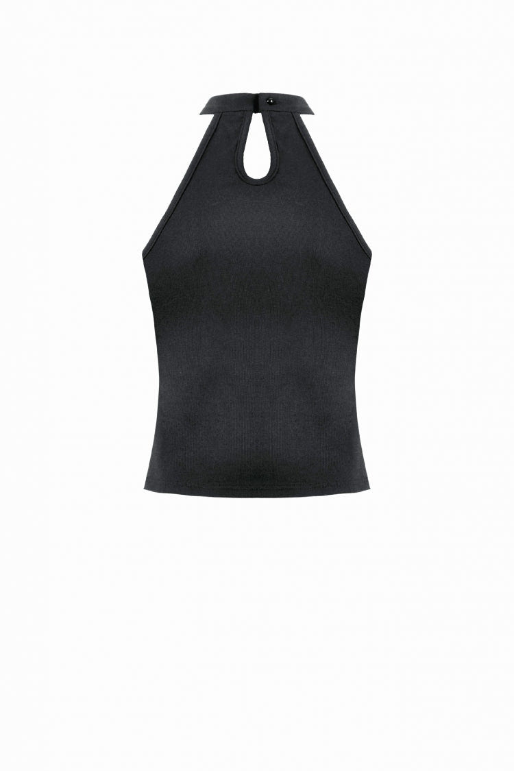 Black Off Shoulder Halterneck Sleeveless Mesh Eyelet Strap Women's Punk Top - Product - 13