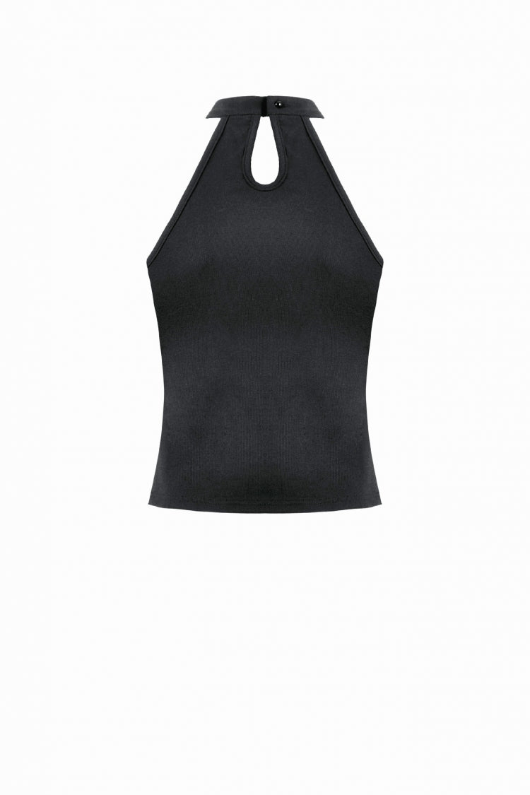 Black Off Shoulder Halterneck Sleeveless Mesh Eyelet Strap Women's Punk Top - Product - 13