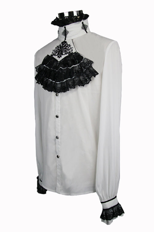 White Chiffon Chest Embroidery Lace Sleeves Mens Gothic Blouse - Product - 5
