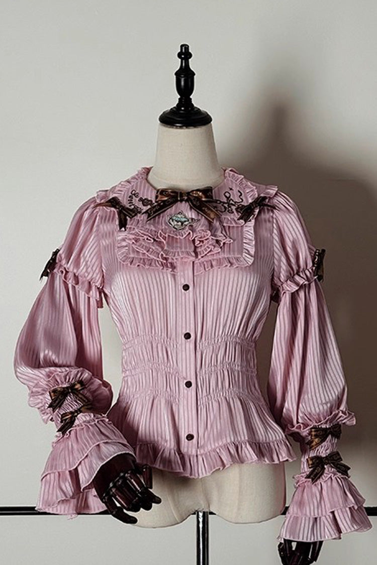 [Teddy Bear Chocolate] Round Collar Long Trumpet Sleeves Ruffle Bowknot Sweet Lolita Blouse 3 Colors - Pink - 5