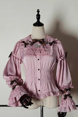 [Teddy Bear Chocolate] Round Collar Long Trumpet Sleeves Ruffle Bowknot Sweet Lolita Blouse 3 Colors - Pink - 5