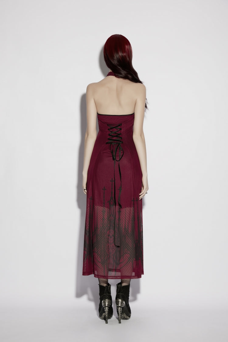 Red Halterneck Sleeveless Double-Layered Church Skull Printed  Printed Lace-Up Slim Women's Gothic Dress Graduation Dress - Product - 12