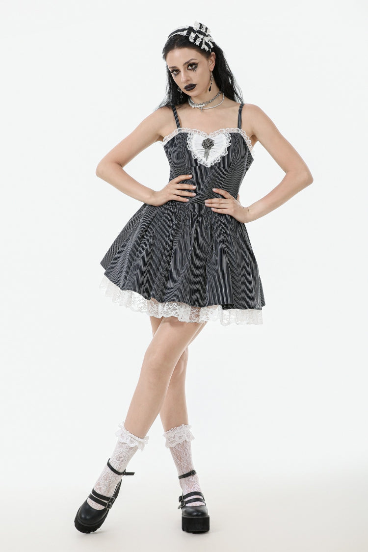 Black/White Pinstriped Sleeveless Lace Lace-Up Women's Gothic Lolita Slip Dress Graduation Dress - Black/White - 1