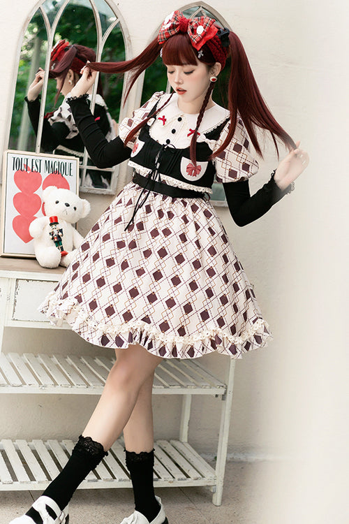 Pink Doll Collar Bubble Long Sleeve Ruffled Plaid Print With Vest Sweet Lolita OP Dress - Product - 2
