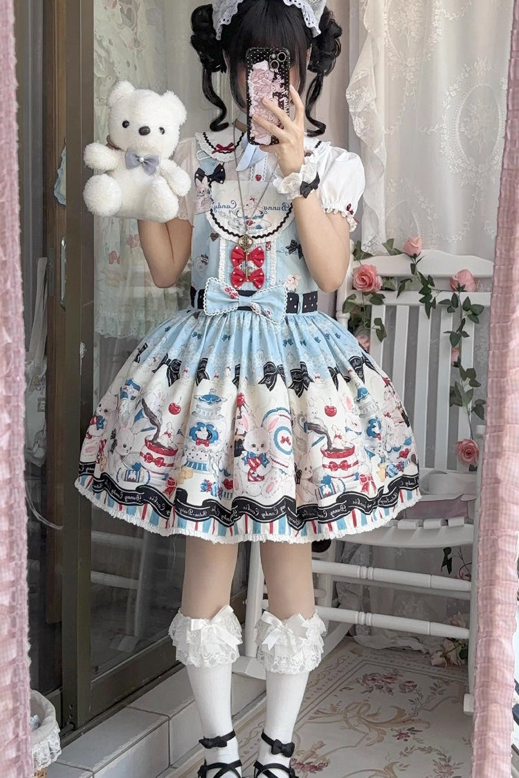 Blue [Mystery Rabbit Tea Party] Sleeveless Print Bowknot Lace Sweet Lolita Strap Dress - Product - 9