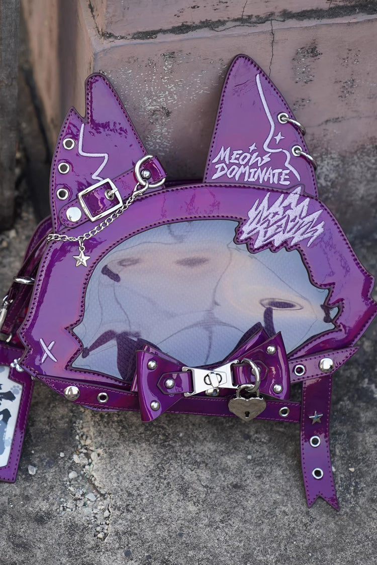 Domineering Cat [Cat Ears] Print Bowknot Gothic Lolita Crossbody Bag 9 Colors - Purple - 25