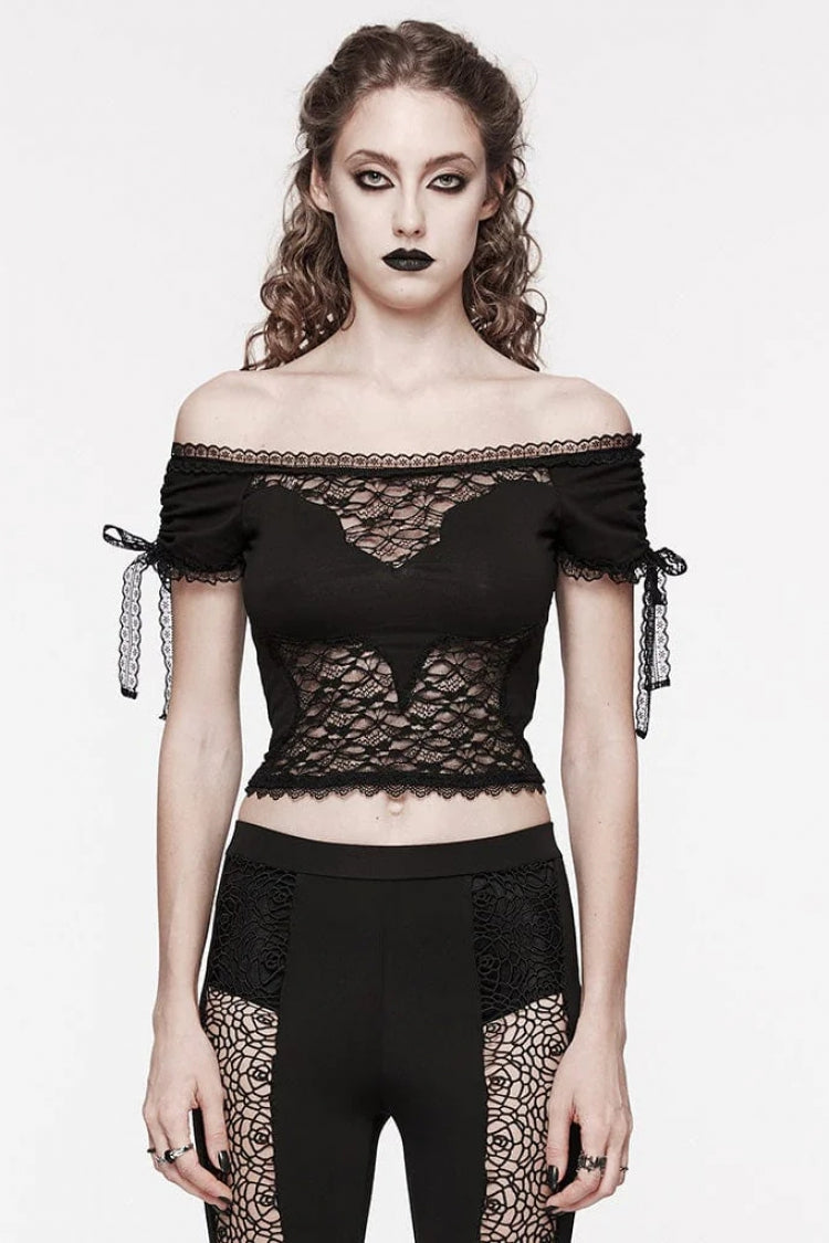 Black Off Shoulder Short Sleeves Hollow Bowknot Lace Women's Gothic Top - Black - 1