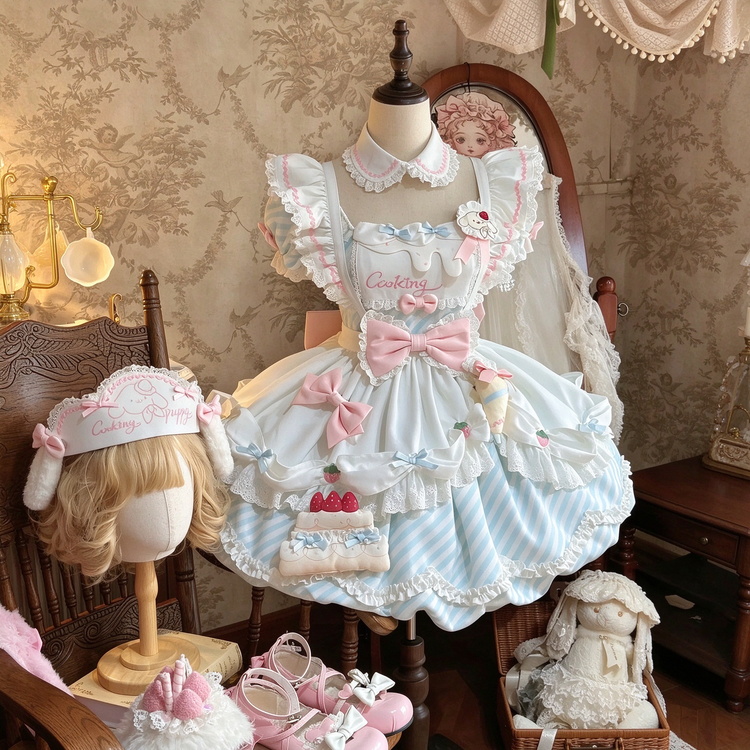 Light Blue and Pink Ruffled Maid Sweet Lolita Dress with Apron Bow Accent - view 2