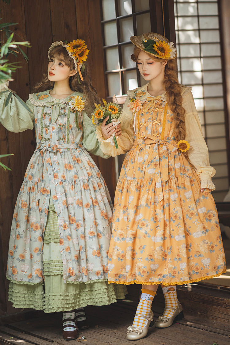 Green [Gardening Sunflower] Sleeveless Print Ruffle Bowknot Sweet Elegant Lolita Jsk Dress - Product - 5