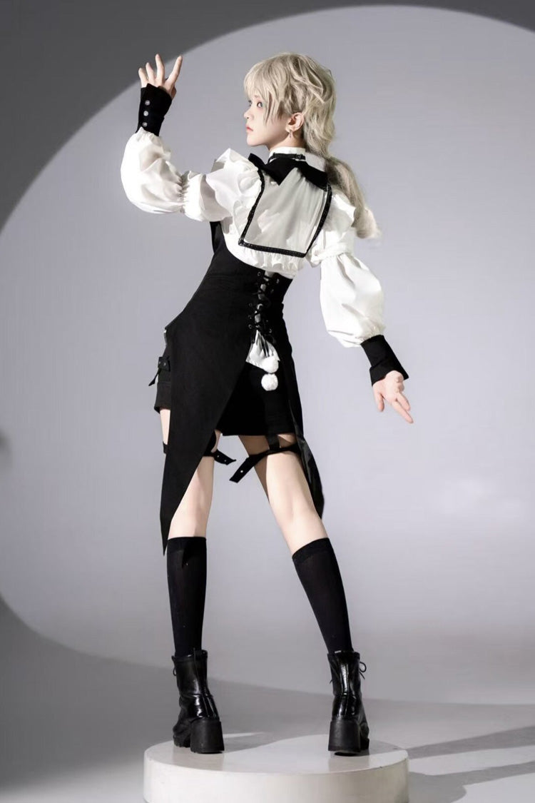 Black/White Stand Collar Long Sleeves Bowknot Gothic Prince Ouji Lolita Blouse Shorts Swallowtail Vest Set - Product - 3