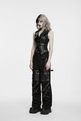 Black Patchwork Eyelet Women's Punk Cool Straight-leg Pants With Multi Pocket - Product - 3