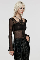 Black Long Sleeves Hollow Mesh Two-Piece Halter Womens Gothic T-Shirt - Product - 2