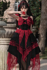 Red/Black Sleeveless High Waisted Print Irregular Gothic Lolita Jsk Dress - Red/Black - 1