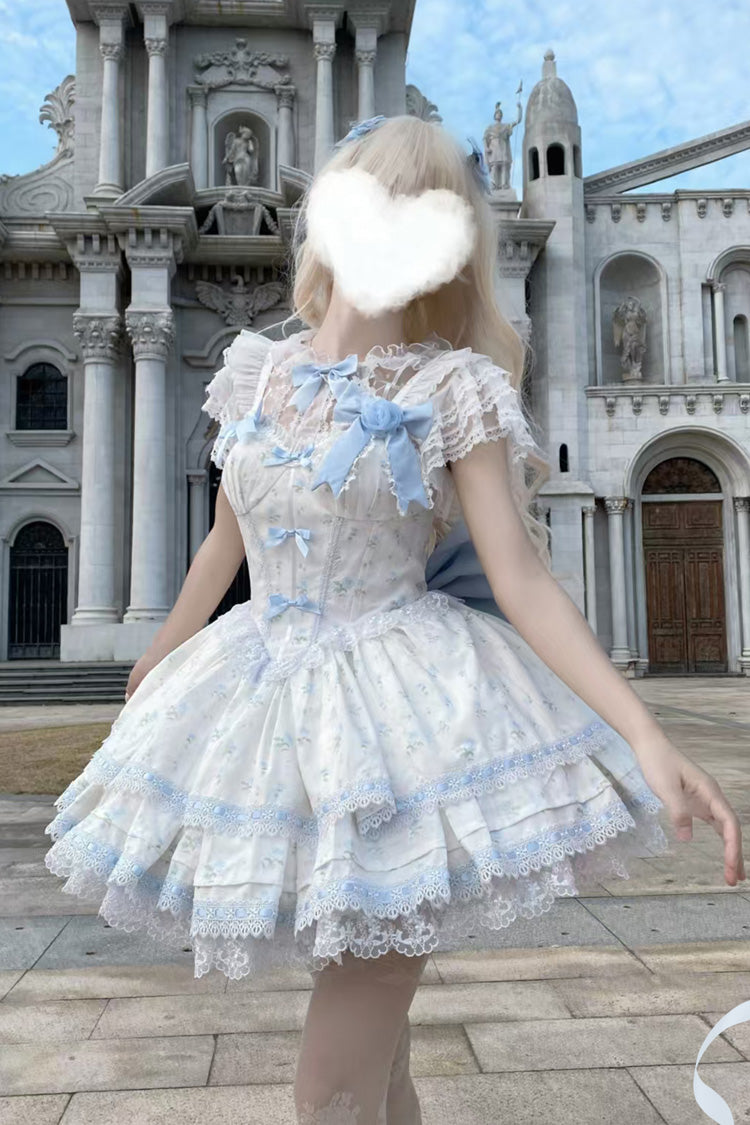 Blue [First Love Rose] Multi-Layered Print Ruffle Bowknot Lace Sweet Lolita Jsk Dress Set - Blue - 1
