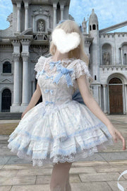 Blue [First Love Rose] Multi-Layered Print Ruffle Bowknot Lace Sweet Lolita Jsk Dress Set - Blue - 1
