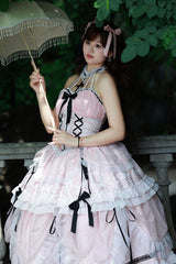 Pink Cross Halterneck Ruffle Bowknot Lace Lace-Up Princess Sweet Lolita Dress - Product - 6