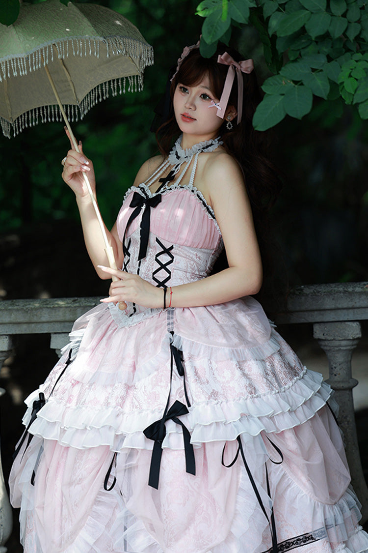 Pink Cross Halterneck Ruffle Bowknot Lace Lace-Up Princess Sweet Lolita Dress - Product - 6