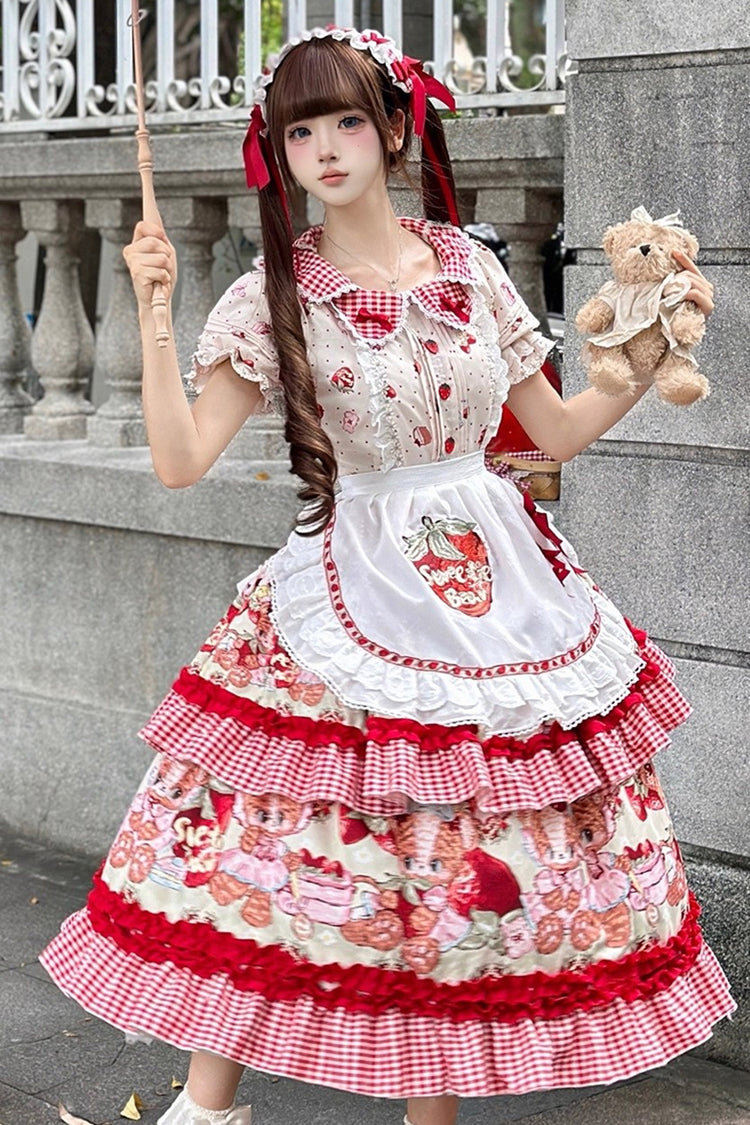 Red [Bear Strawberry Ode] Print Short Sleeves Double-Layered Ruffle Bowknot Sweet Princess Lolita Jsk Dress - Product - 4