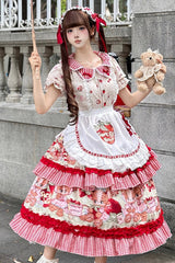 Red [Bear Strawberry Ode] Print Short Sleeves Double-Layered Ruffle Bowknot Sweet Princess Lolita Jsk Dress - Product - 4