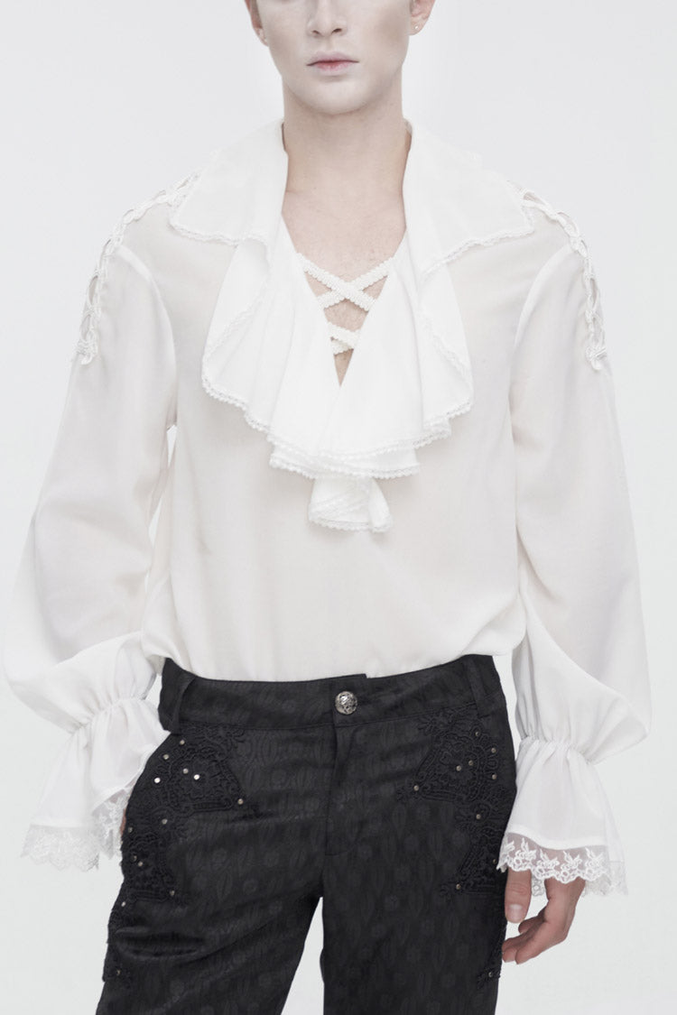 White Ruffled Collar Puff Sleeved Men's Gothic Shirt - White - 1