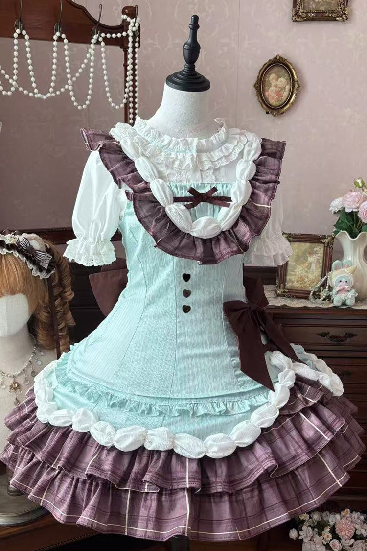 Green/Brown [Creamy Thin Chocolate] Sleeveless Multi-Layered Printed Ruffled Bow Asymmetric Sweet Lolita Jsk Dress - Product - 2