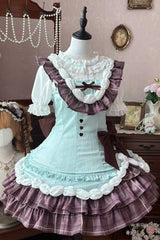 Green/Brown [Creamy Thin Chocolate] Sleeveless Multi-Layered Printed Ruffled Bow Asymmetric Sweet Lolita Jsk Dress - Product - 2