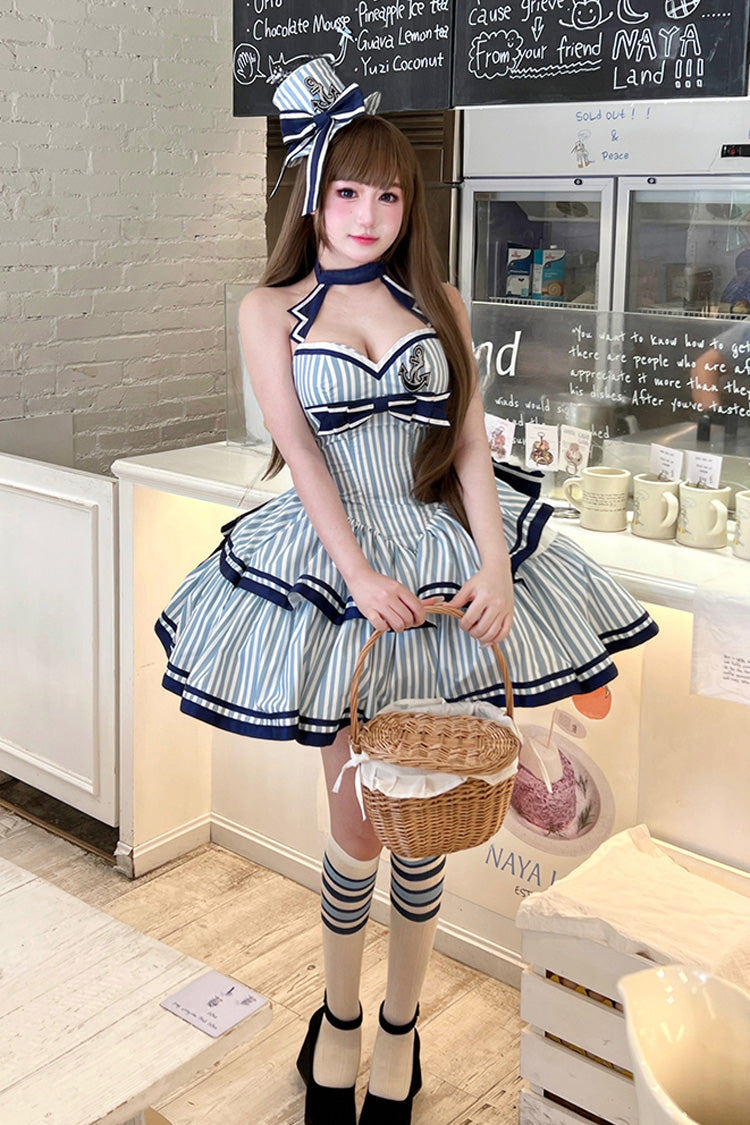 ブルー [Sailing Sweetheart] 二層縦ストライププリントフリルリボンスウィートロリータワンピース 商品画像