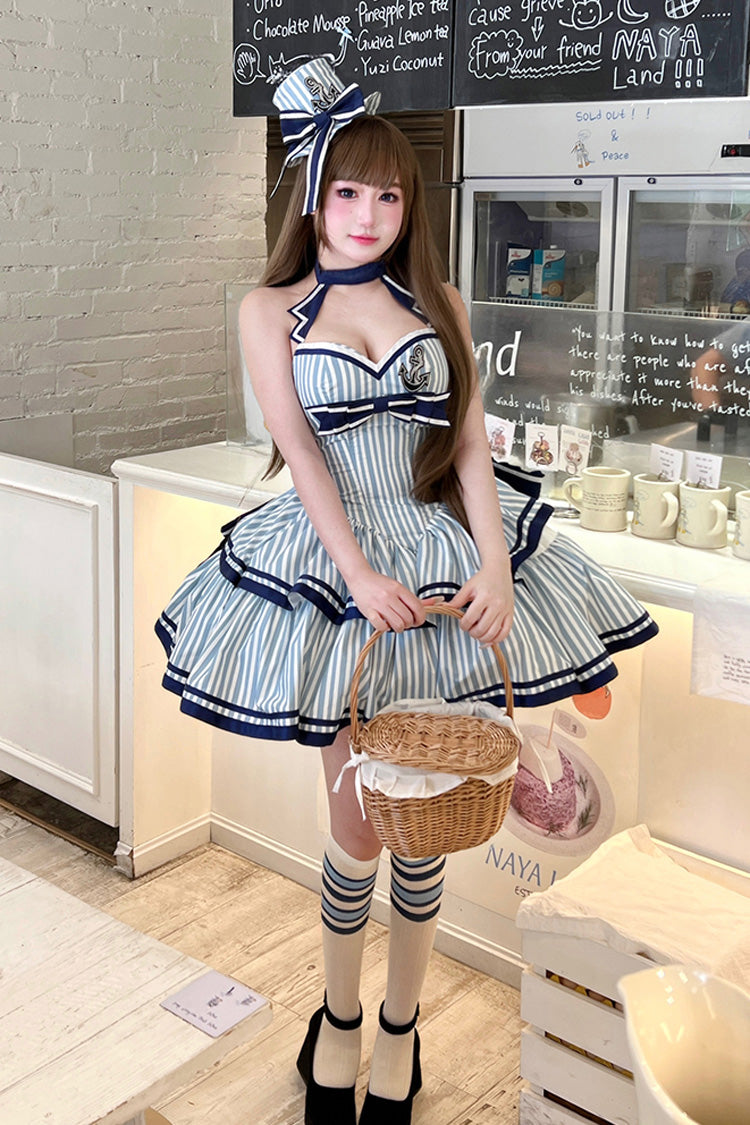 Blue [Sailing Sweetheart] Double-Layered Vertical Stripes Print Ruffle Bowknot Sweet Lolita Dress - Product - 7