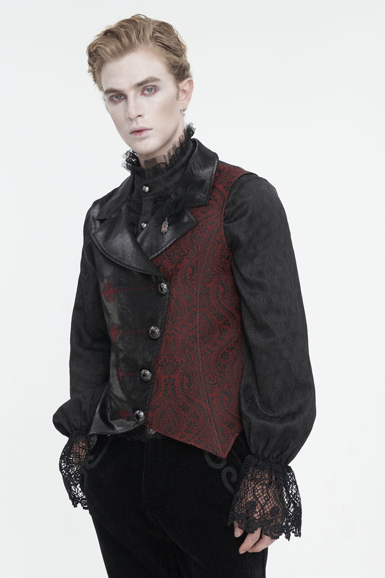 Black/Red Embossed Feather Men's Gothic Waistcoat - Product - 2
