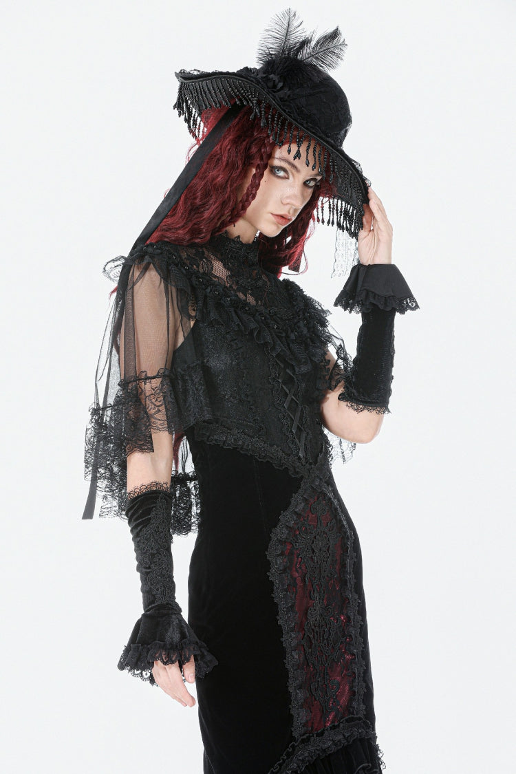 Black Sleeveless Ruffled Lace Spliced Mesh Women's Gothic Cape - Product - 2