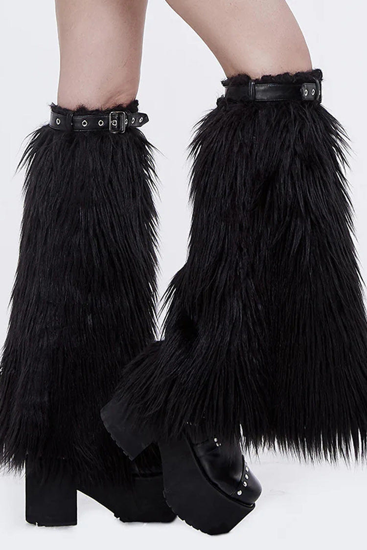 Black Leather Decorated Adjustable Women's Gothic Wool Leg Warmer Accessory - Product - 2