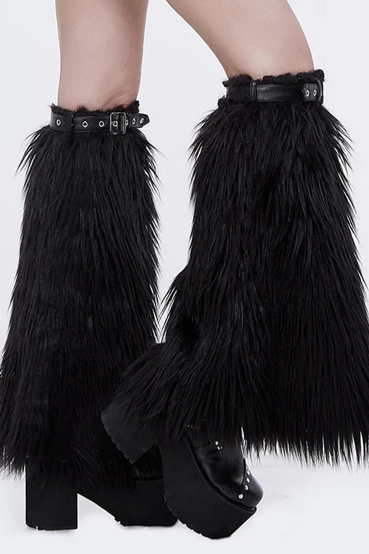 Black Leather Decorated Adjustable Women's Gothic Wool Leg Warmer Accessory - Product - 2