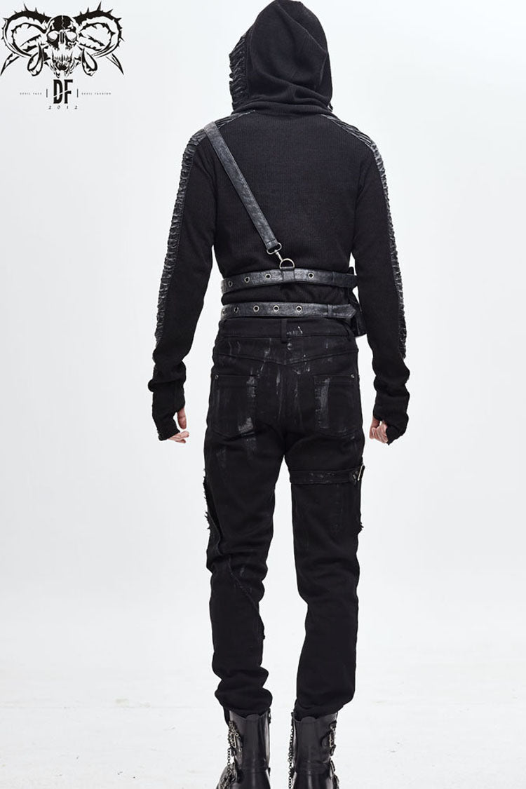 Black Leather Large Capacity Adjustable Fog Flower Men's Gothic Waist Bag - Product - 7