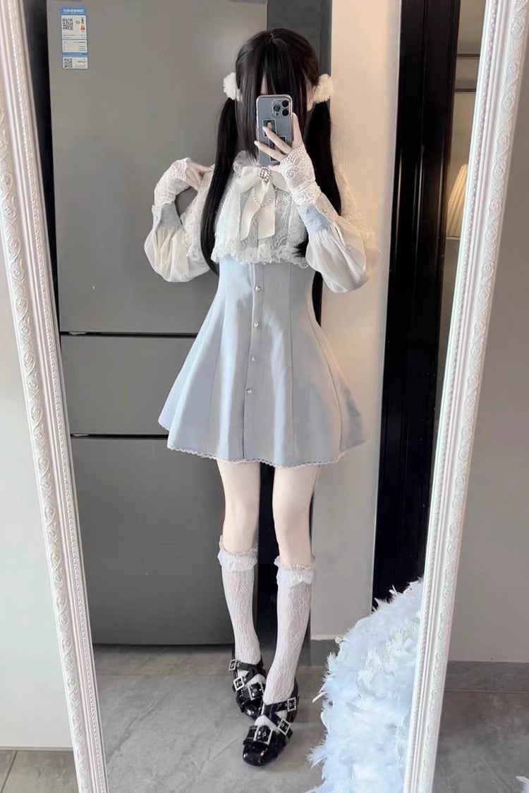 Aqua Shawl Lace Chiffon Long Sleeves Lace Slim Jirai Kei Dress - Product - 7
