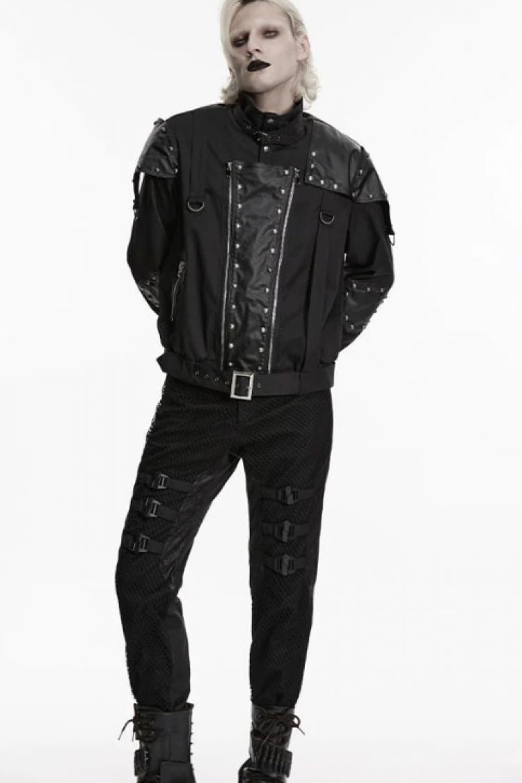 Black Stand Collar Long Sleeves Spliced Asymmetric Studded Buckled Zippered Men's Punk Cool Jacket - Product - 4