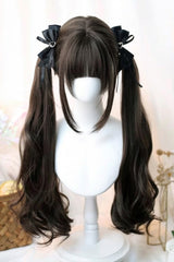 Japanese-Style Soft Air Bangs Long Curly Sweet Lolita Twin-Tail Wig 2 Colors - Black-Tea-Brown - 2