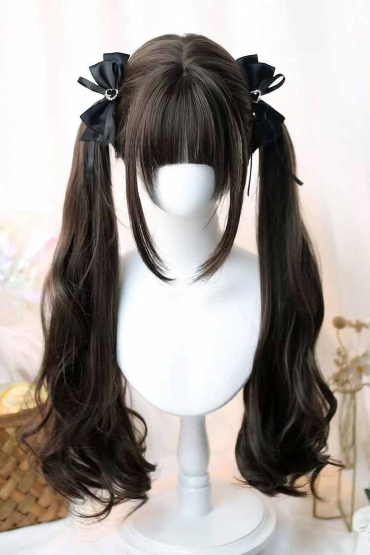 Japanese-Style Soft Air Bangs Long Curly Sweet Lolita Twin-Tail Wig 2 Colors - Black-Tea-Brown - 2