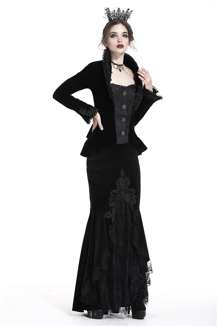 Black Velour Lace Spliced Women's Gothic Mermaid Maxi Skirt - Product - 6
