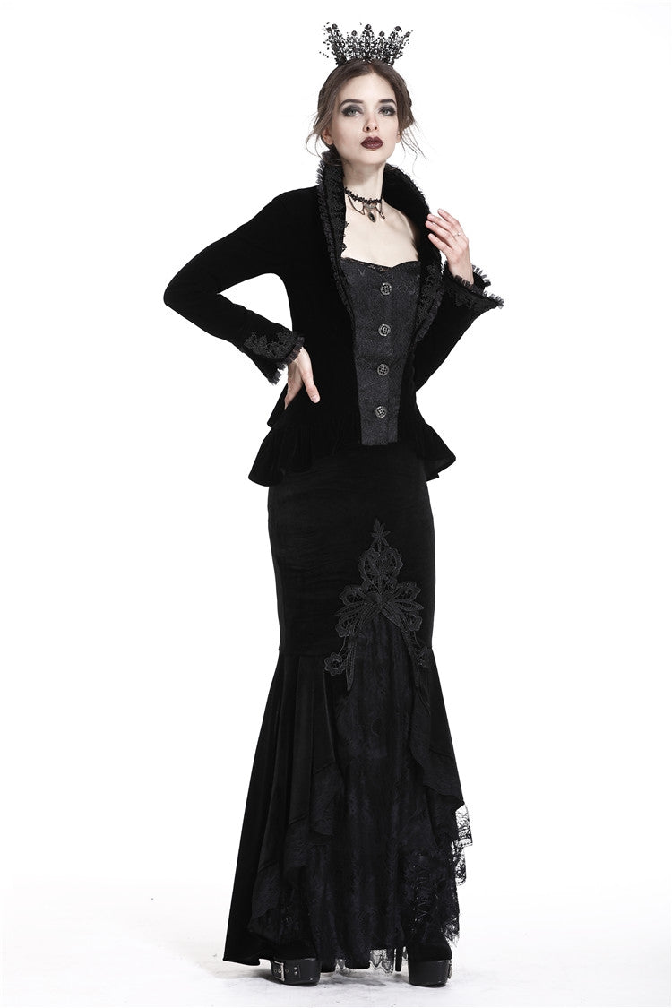 Black Velour Lace Spliced Women's Gothic Mermaid Maxi Skirt - Product - 6