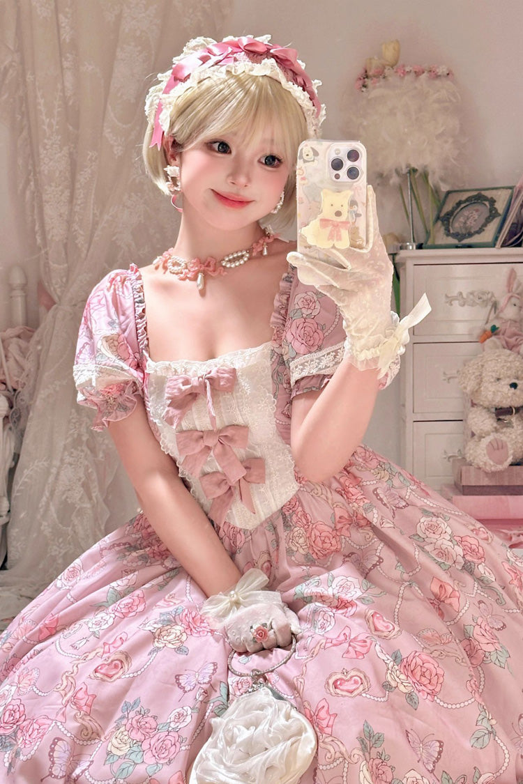 Pink Gem Rose Print Short Puff Sleeves Ruffle Bowknot Sweet Plus Size Lolita Dress - Product - 2