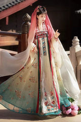 Pink/Blue High Waisted Print Embroidery Women's Classic Hanfu Dress Full Set - Pink/Blue - 1
