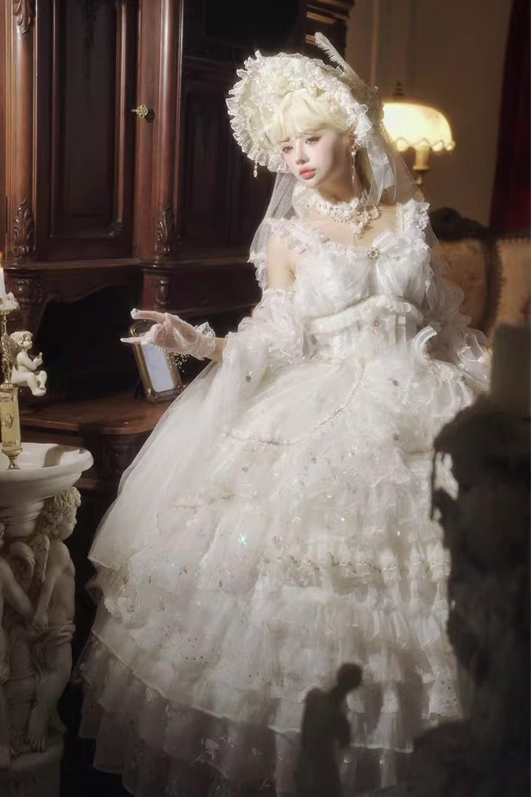 White [Dreamy Waltz] Sleeveless Multi-Layered Ruffled Hanayome Bow Lace Chiffon Gothic Gorgeous Lolita Jsk Dress - Product - 8