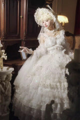 White [Dreamy Waltz] Sleeveless Multi-Layered Ruffled Hanayome Bow Lace Chiffon Gothic Gorgeous Lolita Jsk Dress - Product - 8