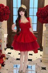 Red [Romantic Rose] Square Collar Sleeveless Ruffled Classic Ballet Lolita Dress - Product - 5