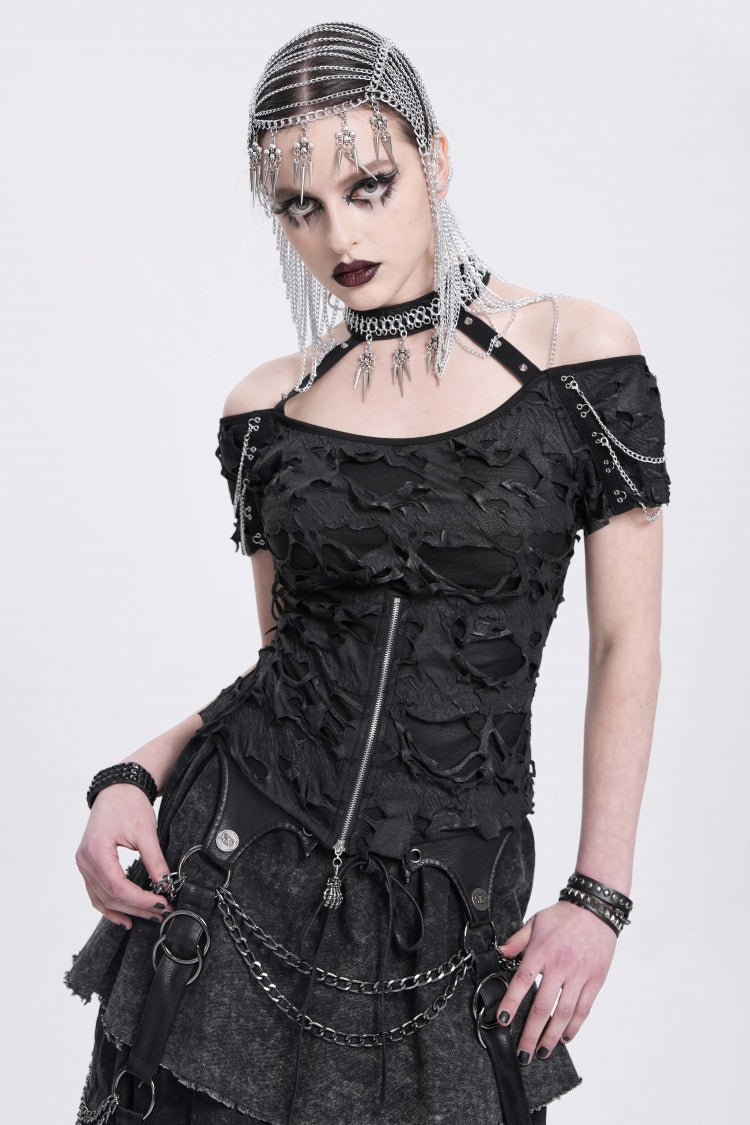 Black Off Shoulder Halterneck Ripped Women's Punk Blouse - Product - 2