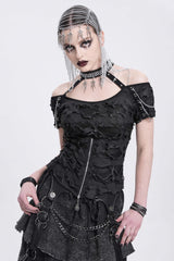 Black Off Shoulder Halterneck Ripped Women's Punk Blouse - Product - 2