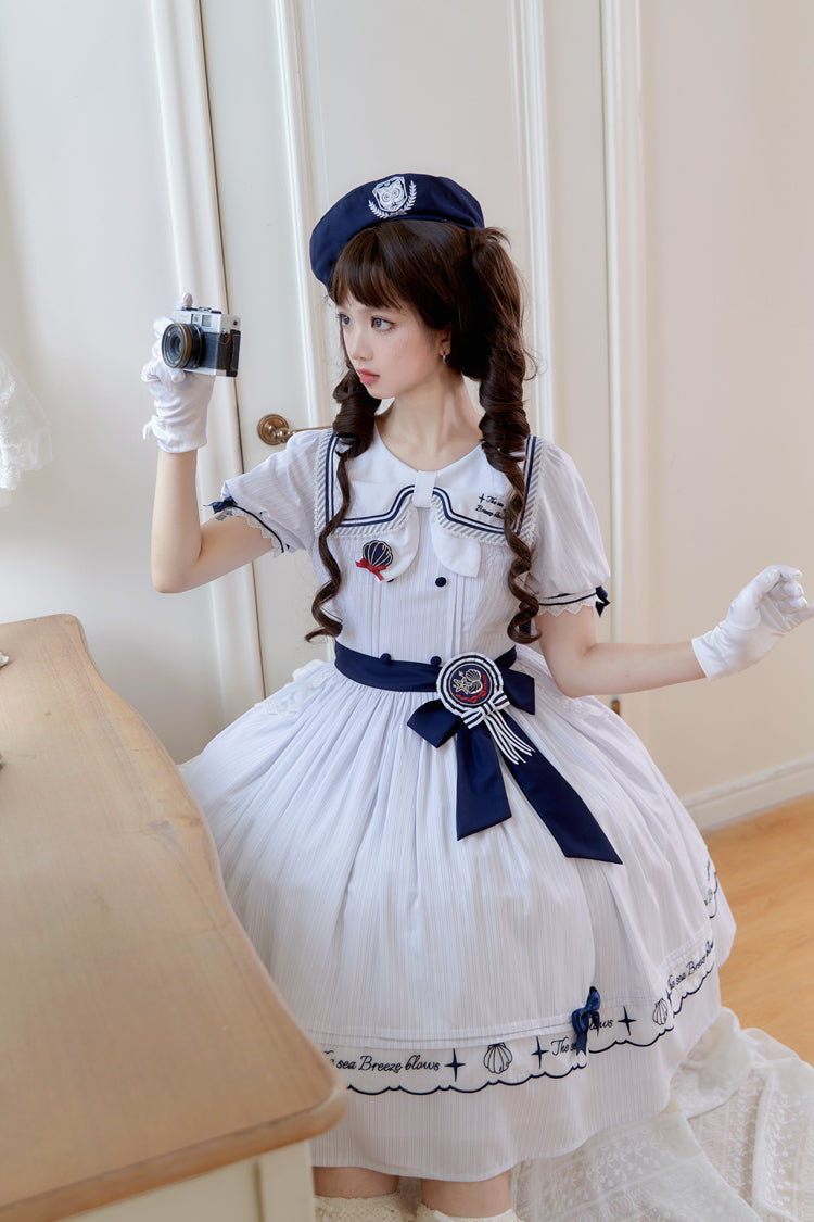 White Navy Stripe Print Short Sleeves Ruffle Embroidery Sweet (Dress Only) detail view 8