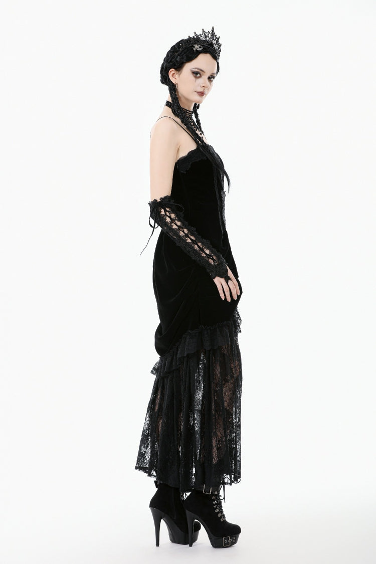 Black Women's Gothic Embroidered Lace Hem Ruched Slip Wedding Dress - Product - 2
